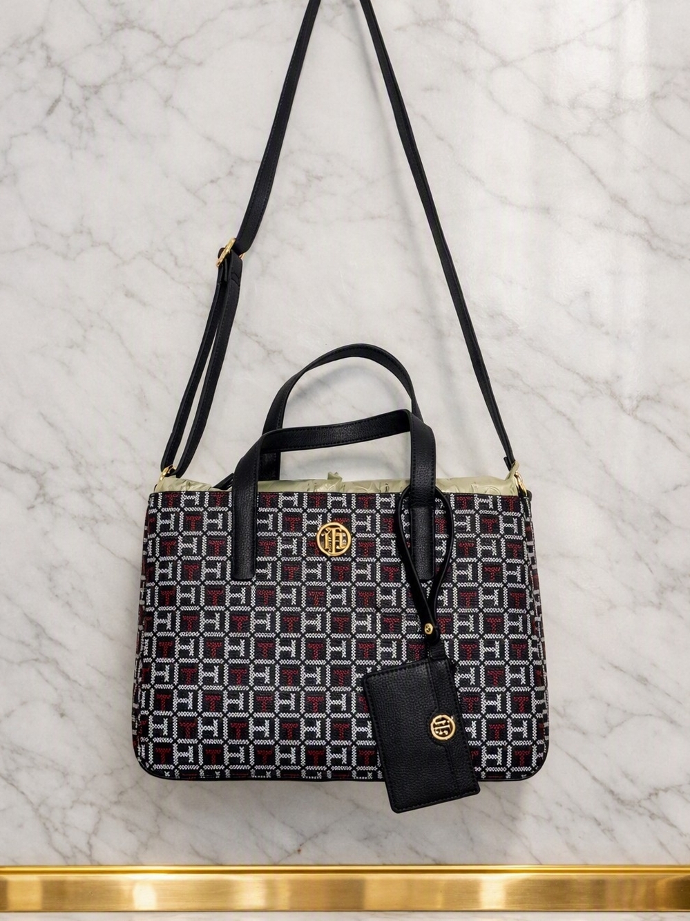 NWT Tommy Hilfiger TH Monogram Satchel Crossbody Bag Navy Red White